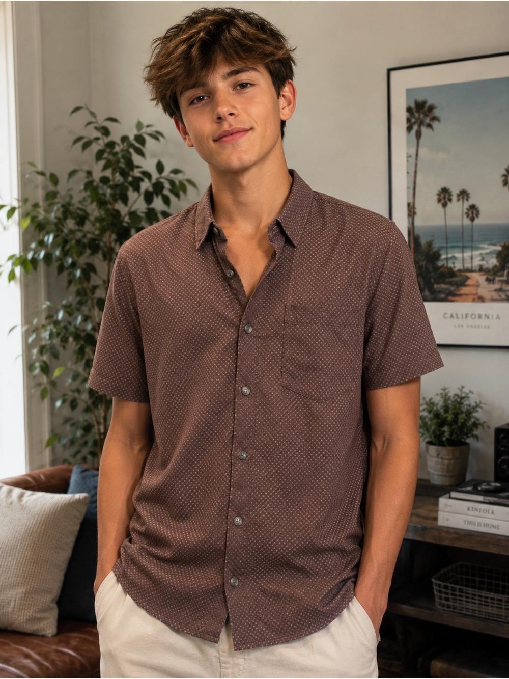 UB Tech • NWT $70 USD Casual Short-Sleeve Button-Down Shirt in Warm Brown